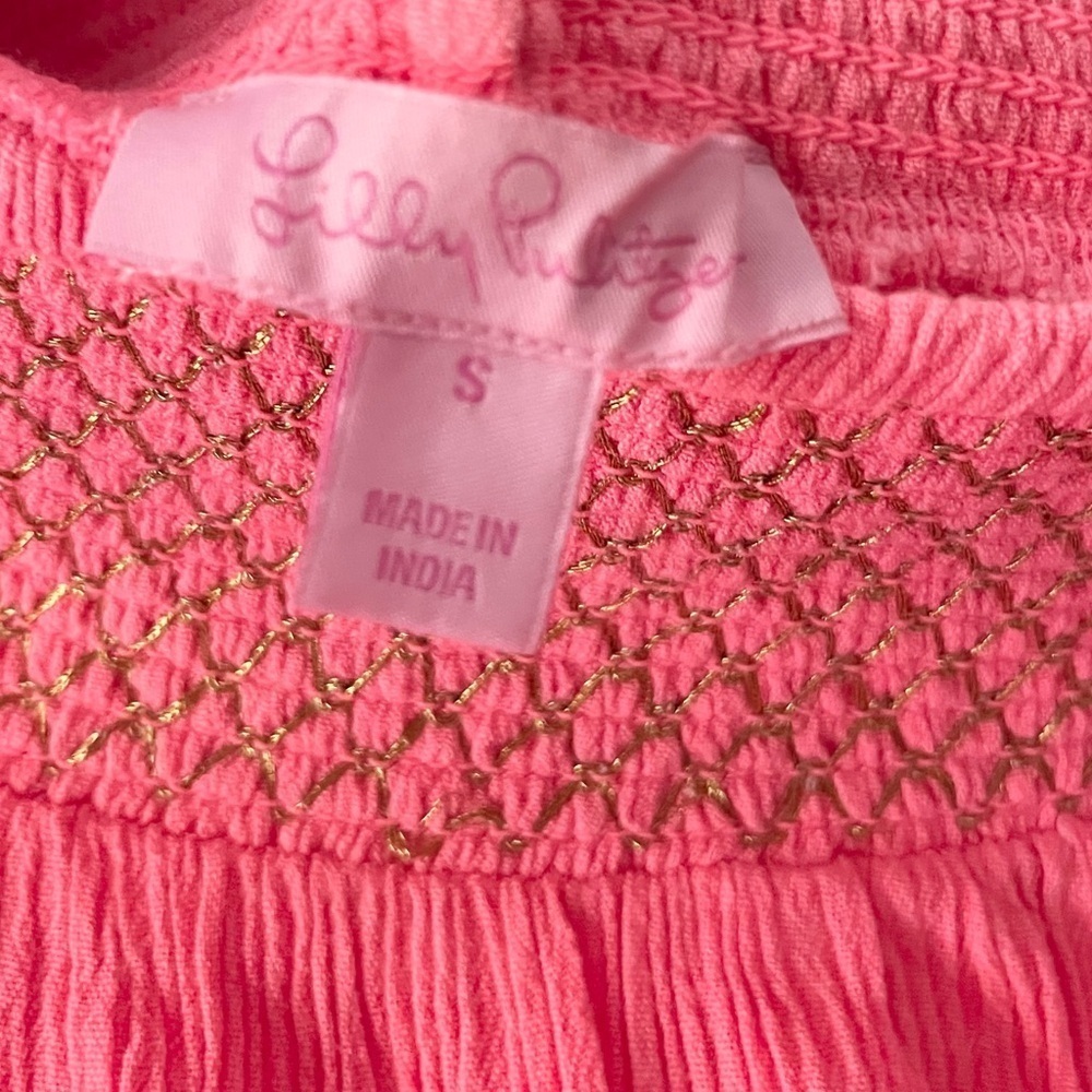 Lilly Pulitzer Off the Shoulder Katya Top Hot Coral Gold Stitching Sz Small - Picture 4 of 9